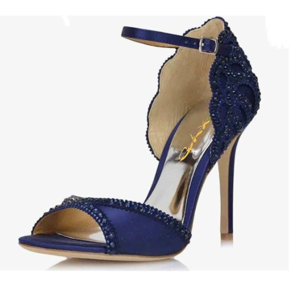 XYD Navy Chic Peep Toe D'Orsay High Heel Rhinestone Studs Ankle Strap Sandals